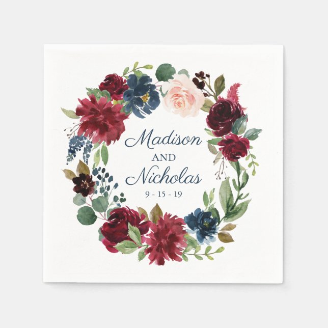 Guardanapo De Papel Marinho Russo Marsala Floral Casamento Napkins (Frente)