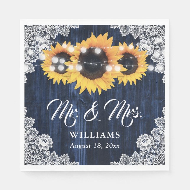 Guardanapo De Papel Marinho Rustic Blue Sunflower Sr. e Sra. Wedding (Frente)