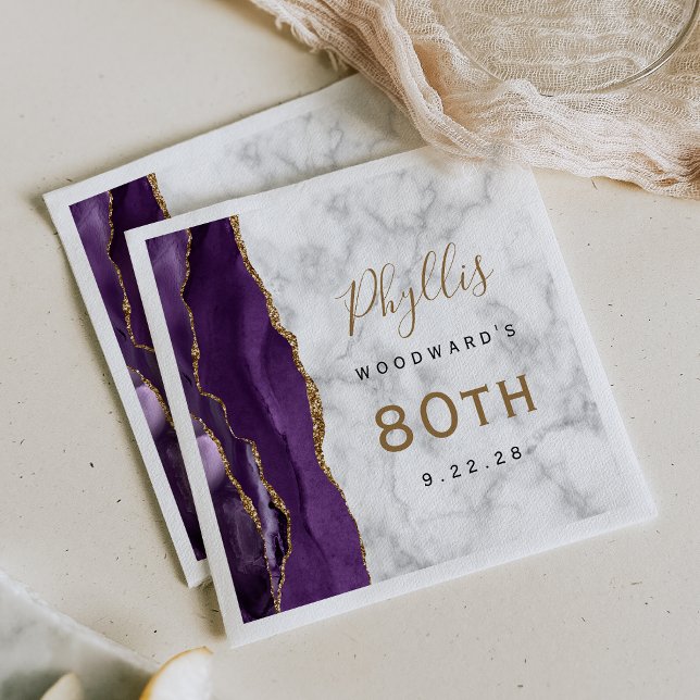 Guardanapo De Papel Mármore Ágata Roxo Dourado Script 80º Aniversário (Criador carregado)