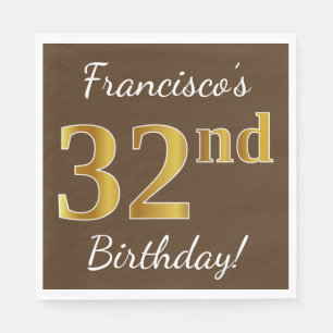 Guardanapo De Papel Marrom, Faux Dourado 32º Aniversário + Nome Pers