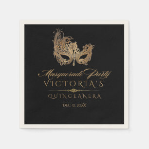 Guardanapo De Papel Mascarada Quinceanera Chic Black Dourado