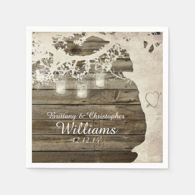 Guardanapo De Papel Mason Jar String Lights Tree Barn Wood Napkins (Frente)