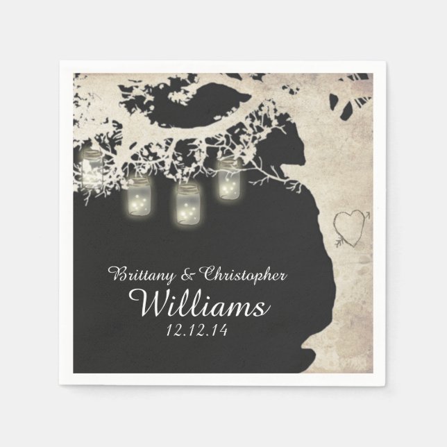 Guardanapo De Papel Mason Jar String Lights Tree Cinza Napkins (Frente)