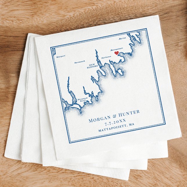 Guardanapo De Papel Mattapoisett MA Elegant Navy Blue Wedding (Mattapoisett Wedding Cocktail Napkins in elegant navy blue by Coastal Map Designs)