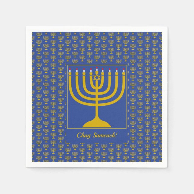 Guardanapo De Papel Médio Azul Personalizável | Chanukah | MENORAH (Frente)
