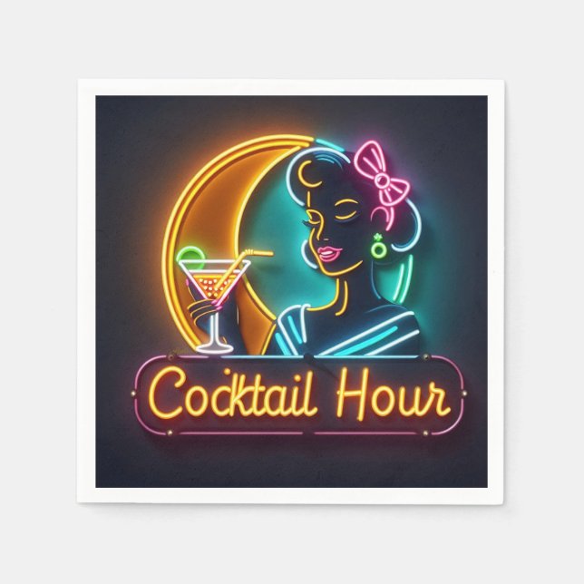 Guardanapo De Papel Meio século Neon Sign Cocktail Hour Mulher (Frente)