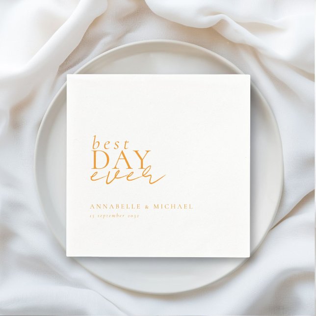 Guardanapo De Papel MELHOR DIA DE TODOS! Moderno, Mínimo, Branco, Casa (BEST DAY EVER! Modern, Minimal, White-Orange, Wedding Napkins with your name and date.)