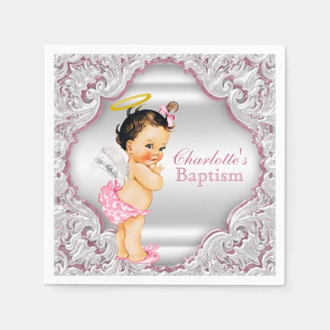 Guardanapo De Papel Menina Anjo Rosa Batismo (Frente)
