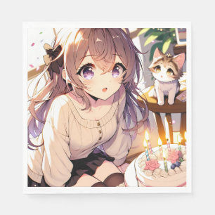 Guardanapo De Papel Menina bonito de animação com gatinho e bolo de an