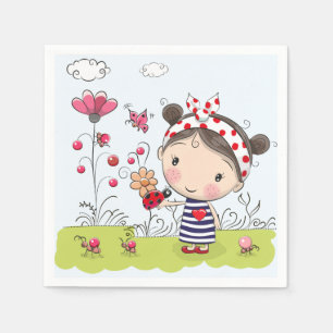 Guardanapo De Papel Menina bonito dos desenhos animados com o joaninha