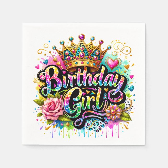 Guardanapo De Papel Menina Colorida de Aniversário Real (Frente)