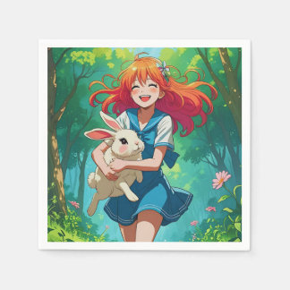 Guardanapo De Papel Menina de anime de cabelos brancos com seu coelhin