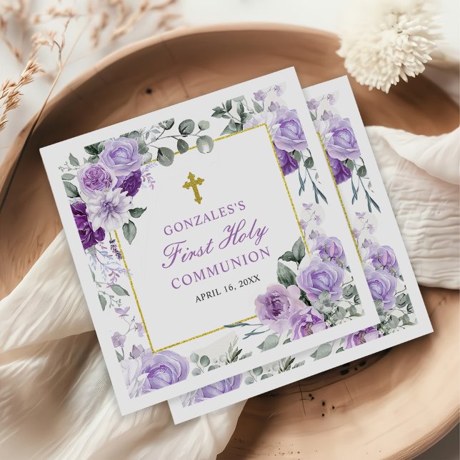 Guardanapo De Papel Menina Floral Roxa Primeira Comunhão (Criador carregado)