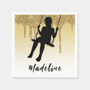 Guardanapo De Papel Menina no Balanço Dourado Glitter Drip Ombre