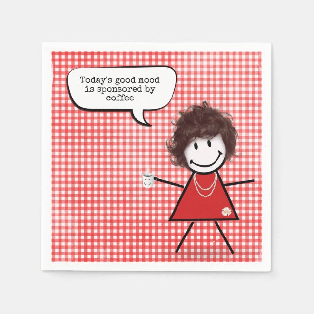 Guardanapo De Papel Menina Palito Com Caneca De Café Em Xadrez (Frente)