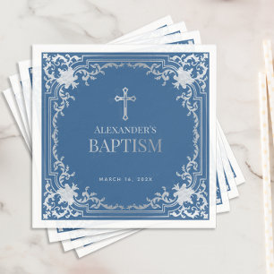 Guardanapo De Papel Menino Batismo Clássico Azul Elegante com Folha de