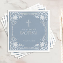 Menino Batismo Dusty Blue Elegante Faux Silver Cro