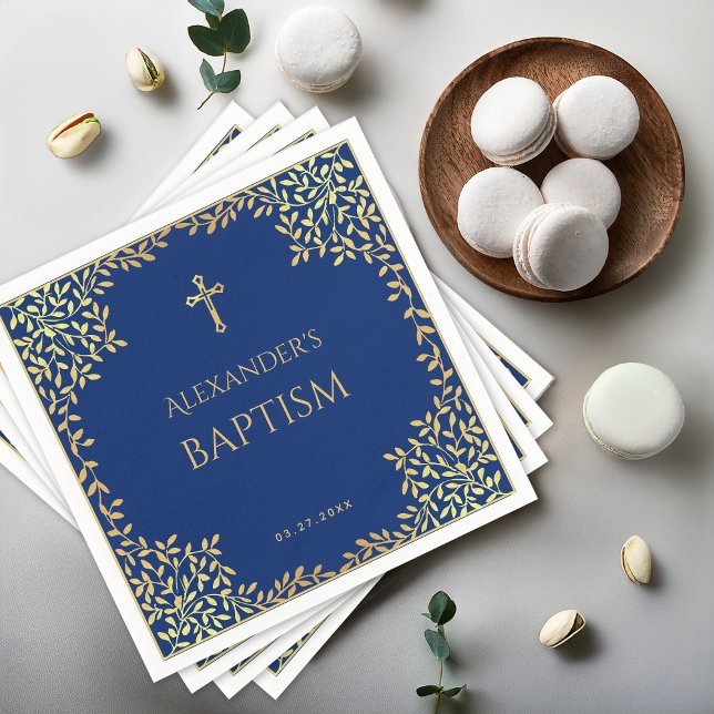 Guardanapo De Papel Menino Batismo Real Blue Faux Dourado deixa religi (Criador carregado)