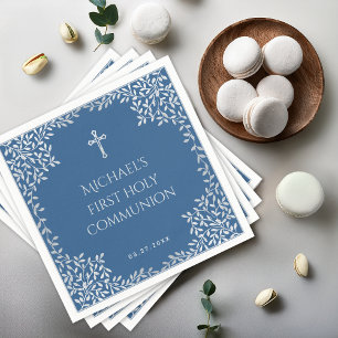 Guardanapo De Papel Menino Primeira Comunhão Clássico Folhas Prata Azu