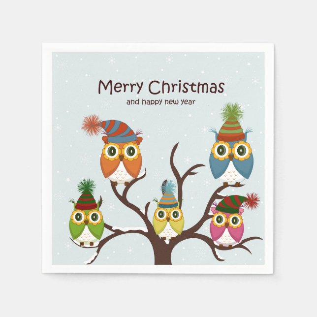Guardanapo De Papel Merry Christmas Owls on the Tree Paper Napkin (Frente)