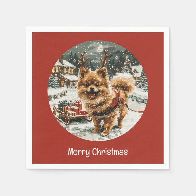 Guardanapo De Papel Merry Christmas Pomeranian Reindeer Dog (Frente)