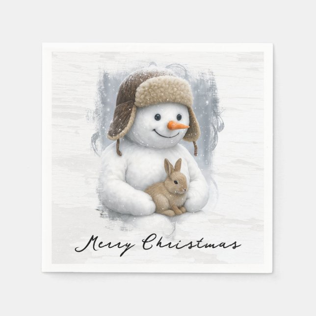 Guardanapo De Papel Merry Christmas Snowman With Bunny (Frente)