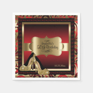 Guardanapo De Papel Metálico vermelho e Dourado - 50th texto do