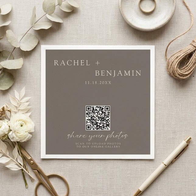 Guardanapo De Papel Minimalist Wedding QR Share Photos Taupe (Criador carregado)