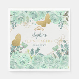 Guardanapo De Papel Mint Dourada Floral Butterfly Quinceañera