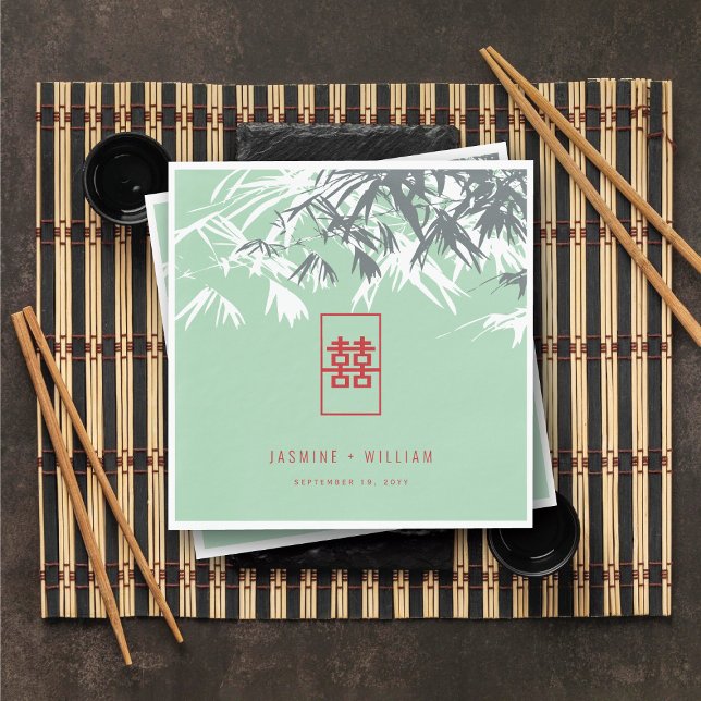 Guardanapo De Papel Mint Green Bamboo deixa casamento chinês duplo Xi (Mint Green Bamboo Leaves Double Happiness Chinese Wedding Paper Napkins @ fatfatin_red_knot)
