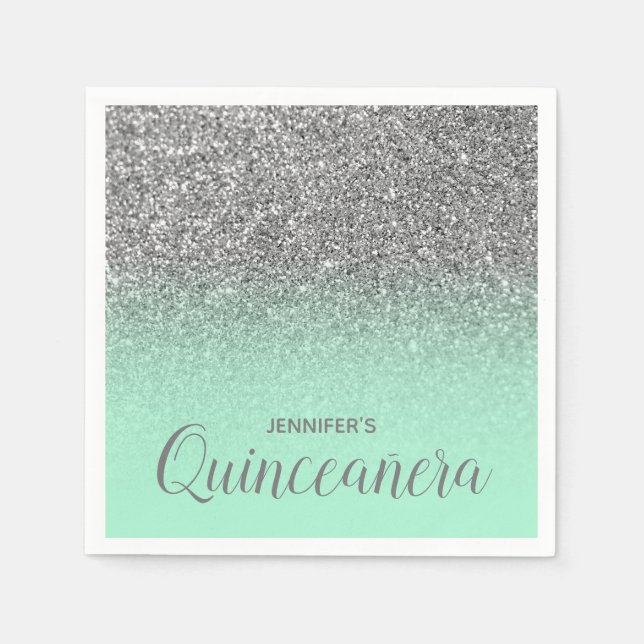 Guardanapo De Papel Mint Green e Silver Glitter Ombre Quinceanera (Frente)