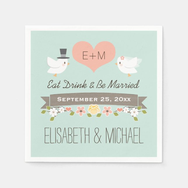 Guardanapo De Papel Mint Green Love Birds Dove Wedds (Frente)