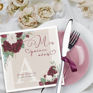 Guardanapo De Papel Mis Quince Anos Burgundy Ivory Floral Monogrammed