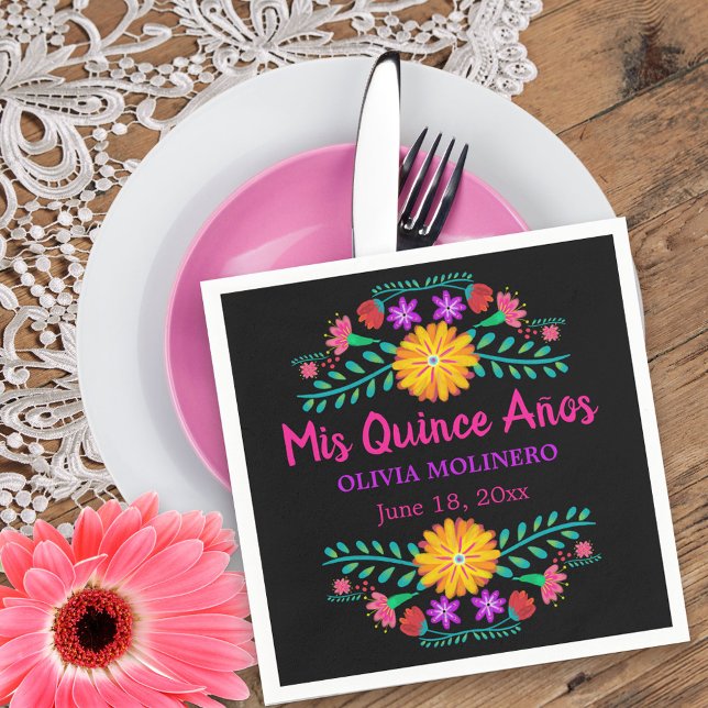 Guardanapo De Papel Mis Quince Anos Mexicano Fiesta Quincenera Black (Mis Quince Quinceanera napkins from my Mexican Fiesta Floral collection
)