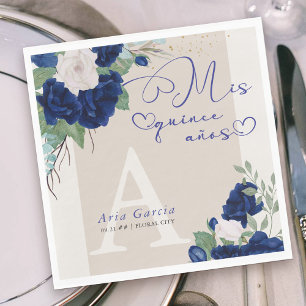 Guardanapo De Papel Mis Quince Anos Royal Blue Ivory Floral Monograma