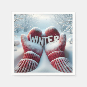 Guardanapo De Papel Mittens Vermelhos De Inverno Com Flocos De Neve