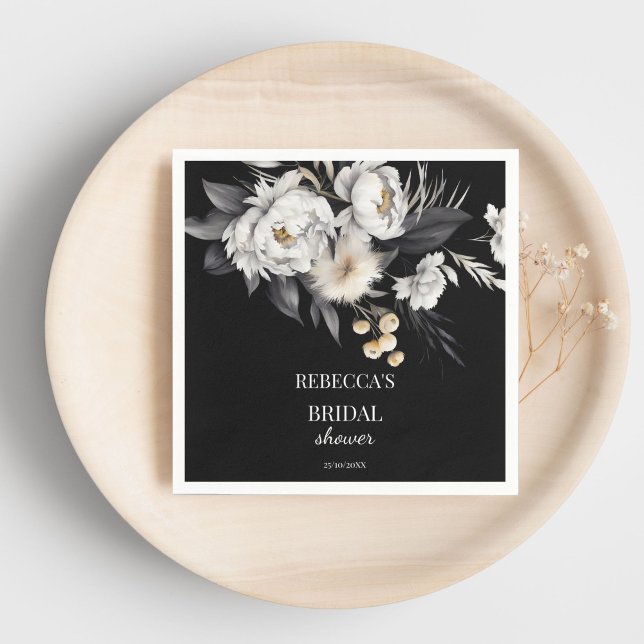 Guardanapo De Papel Modelo de chá de noiva boho preto e branco tempera (Black and white moody boho bridal shower template napkins personalized bridal shower tableware)