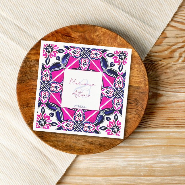 Guardanapo De Papel Modelo de mesa de casamento de azulejo mexicano az (Pink blue Mexican tile personalized wedding tableware template Napkins wedding reception decor)