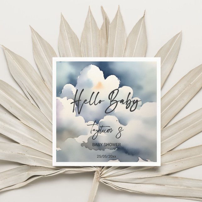 Guardanapo De Papel Modelo de nuvens de cinzas de chá de fraldas (Cloud hello baby baby shower grey clouds template napkins personalized tableware decor watercolor)