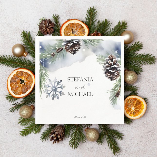 Guardanapo De Papel modelo de pinheiros de neve com aquarela casamento (Winter wedding template napkins watercolor snowy pines with pine cones simple  style casual font)