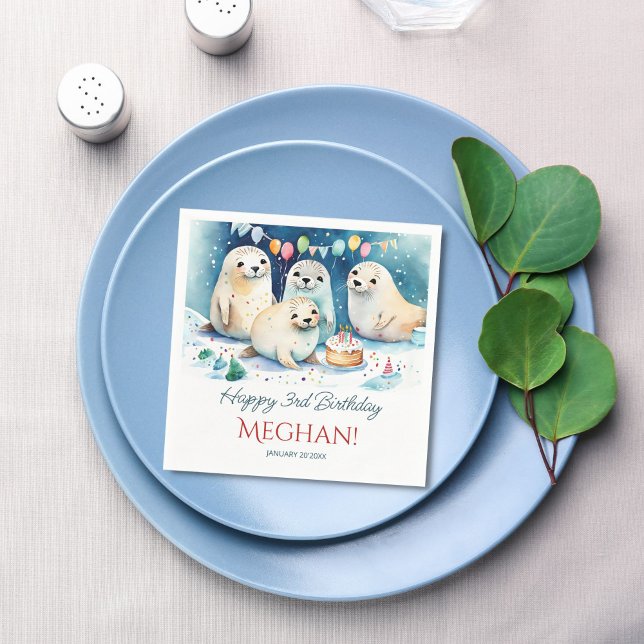Guardanapo De Papel Modelo personalizado de aniversário de inverno par (Arctic seal winter wonderland birthday party personalized napkins template customizable table decor)