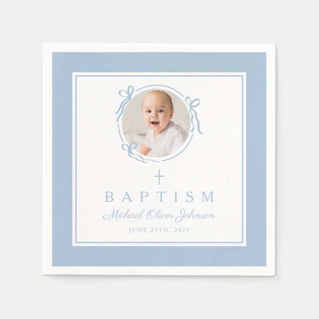 Guardanapo De Papel Modern Baby Blue Religius Cross Boy Baptism (Frente)