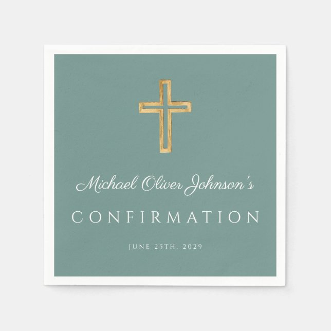 Guardanapo De Papel Modern Green Religious Cross Boy Confirmation (Frente)