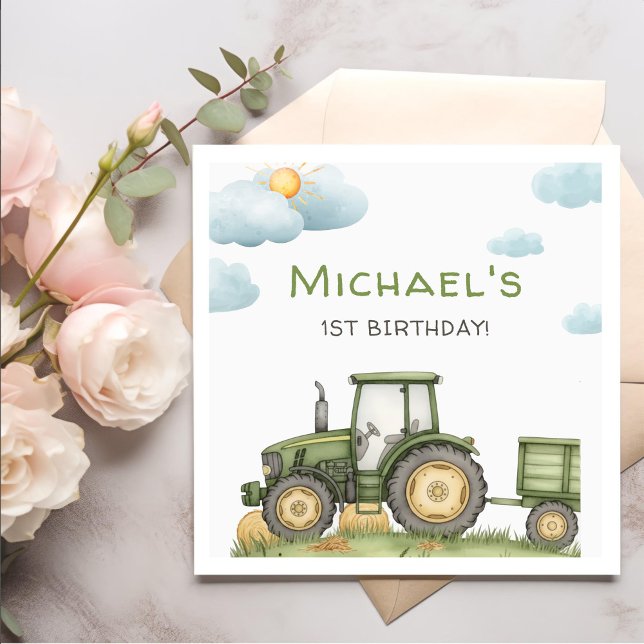 Guardanapo De Papel Modern Green Tractor 1st Birthday Party (Criador carregado)