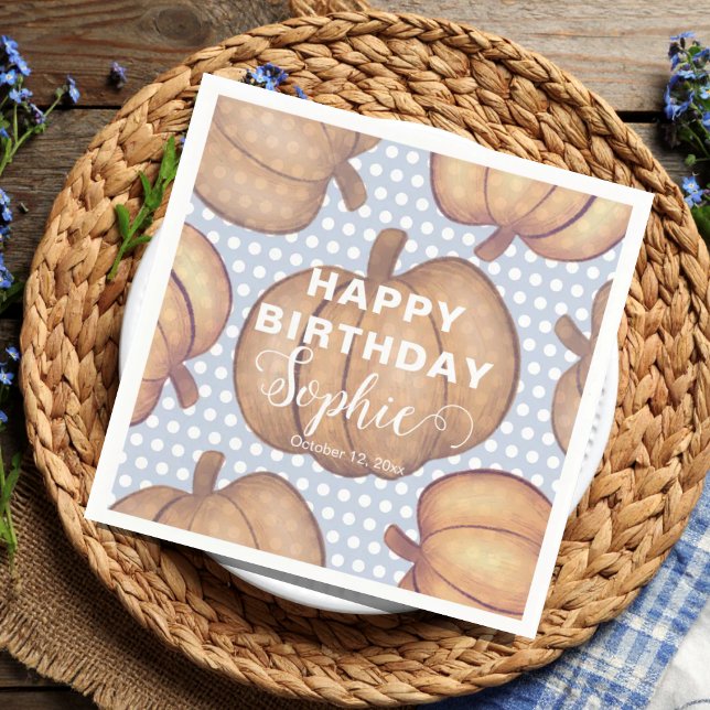 Guardanapo De Papel Modern Happy Birthday Blue & Orange Pumpkin Party  (Criador carregado)