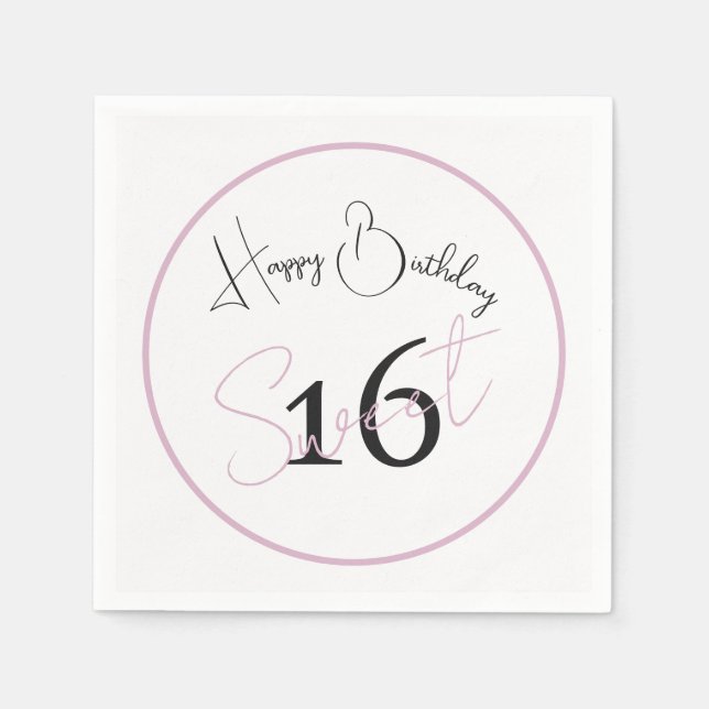 Guardanapo De Papel Modern Minimalist 16th White Pink Black Birthday (Frente)