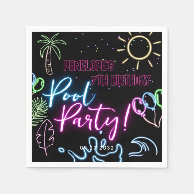 Guardanapo De Papel Modern Neon Glow Black Pool Party Birthday (Frente)