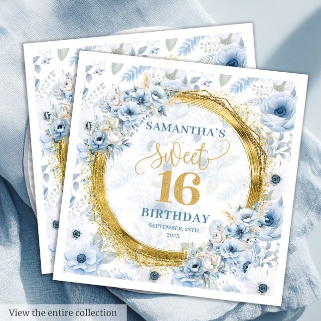 Guardanapo De Papel Modern Pastel Blue Sweet 16 Dourado Partido Glitte (Modern Pastel Blue Sweet 16 Gold Glitter Party Napkins)