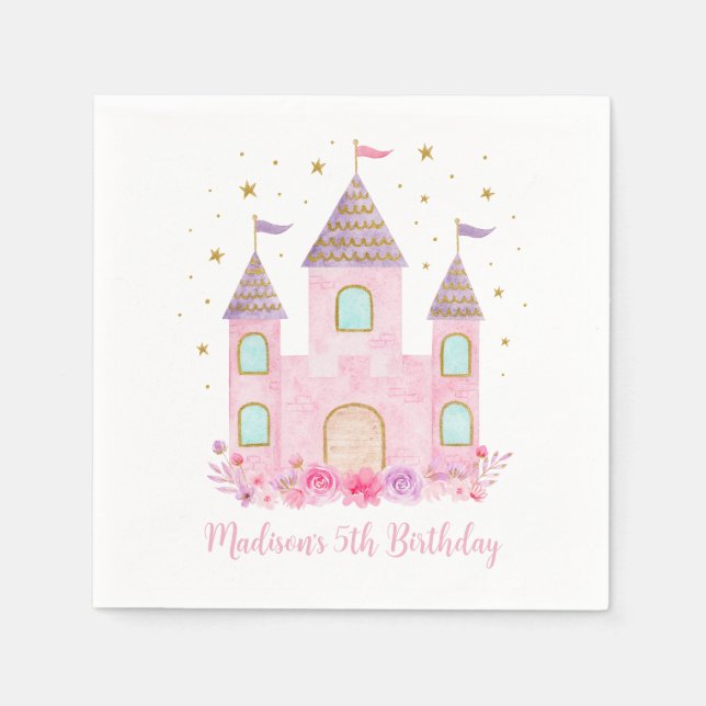 Guardanapo De Papel Modern Pink Dourado Princess Castle Birthday (Frente)