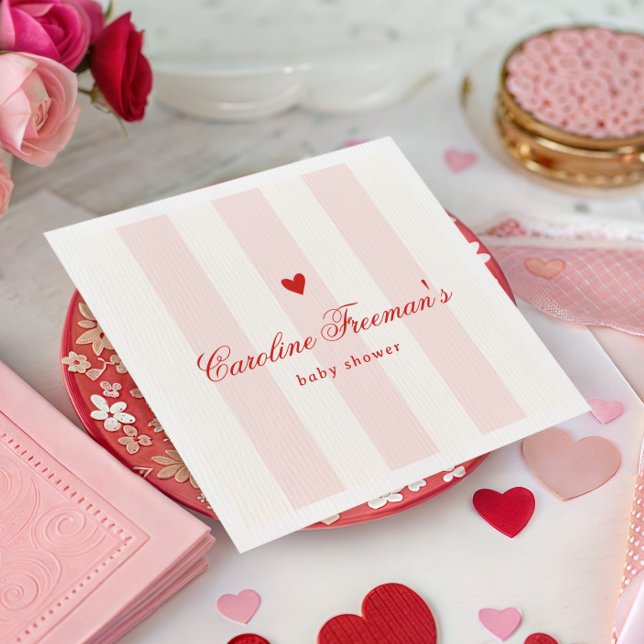 Guardanapo De Papel Modern Pink Stripe Heart Valentine Baby Shower (Criador carregado)